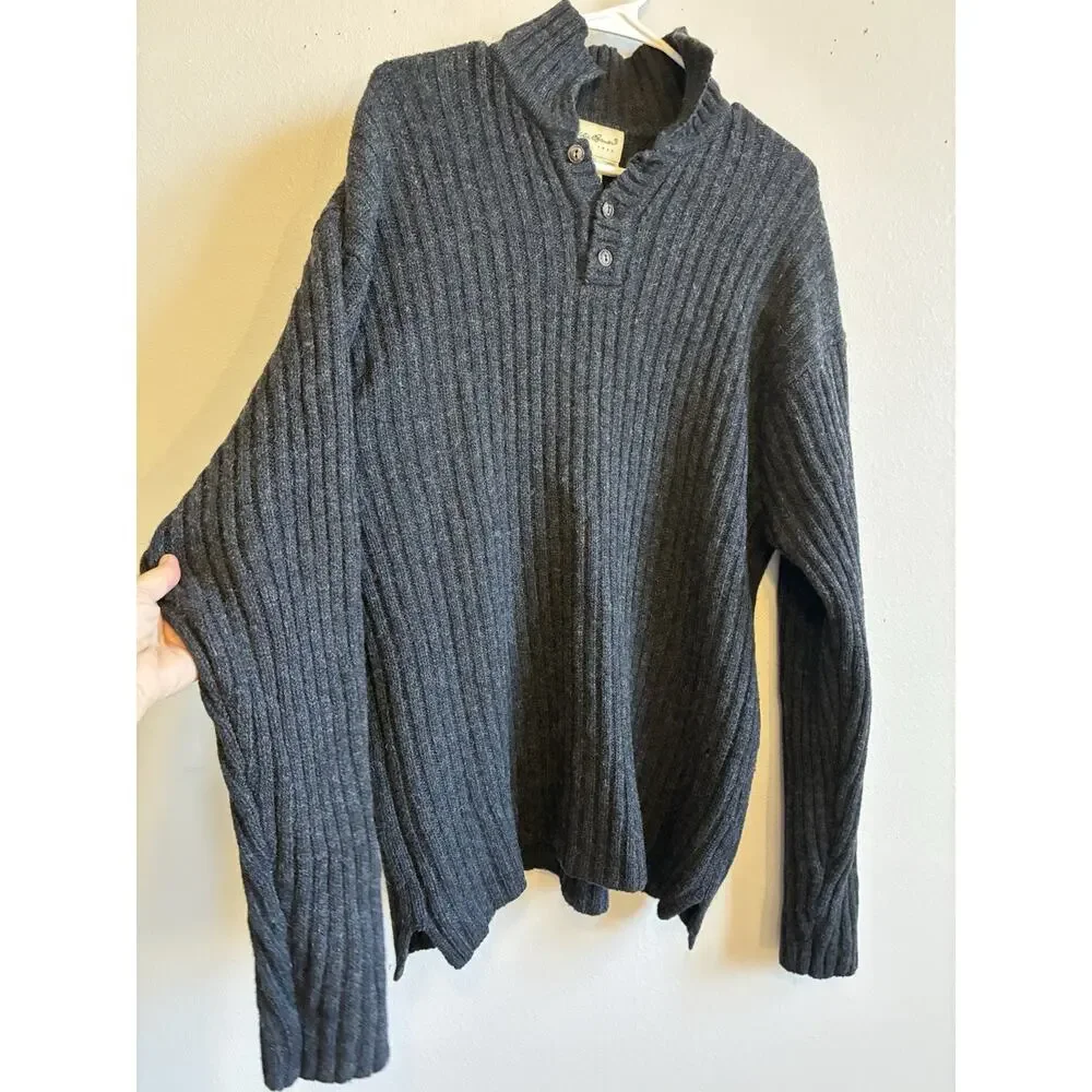 VTG 90s Eddie Bauer Henley Wool Sweater Fisherman Collared Ribbed Chunky Mens M
